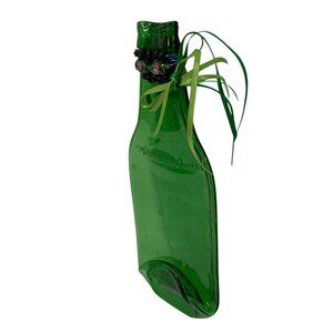 Upcycled Flattened Green Glass Bottle Decorative Neck Ribbon Beads 9.5 Inches